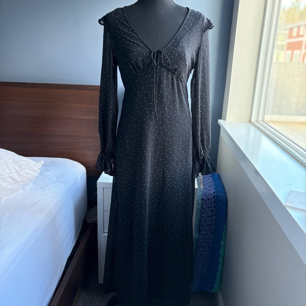 a new day Black Long Balloon Sleeve V-Neck Sheer Polka Dot Midi Dress w Slip